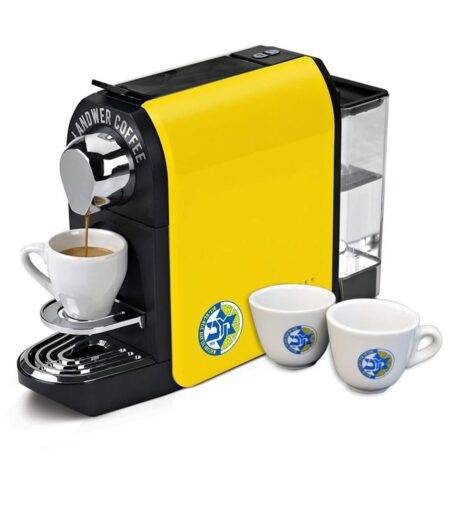 Maccabi branded yellow Landwer coffee machine + espresso cups